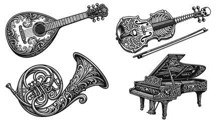 Ornate Musical Instruments Collection: Violin, Mandolin, French Horn, Piano © Wilujeng Graphic