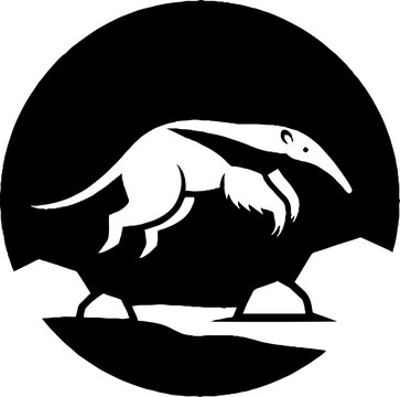 Silhouette of an anteater walking in profile view.