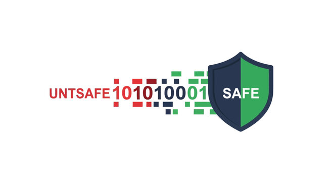 Cybersecurity Data Protection Graphic: Shield Symbol Transforming Unsafe Digital Binary Code into Secure Information