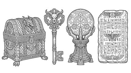 Fantasy Treasure Chest, Skull Key, Crystal Ball, Ancient Tablet © Wilujeng Graphic