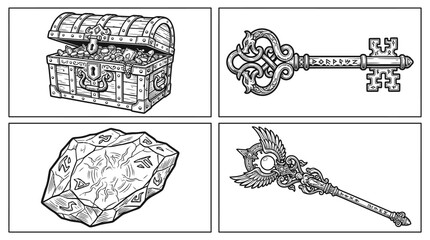 Treasure Chest, Ornate Key, Gemstone, Fantasy Staff - Line Art © Wilujeng Graphic