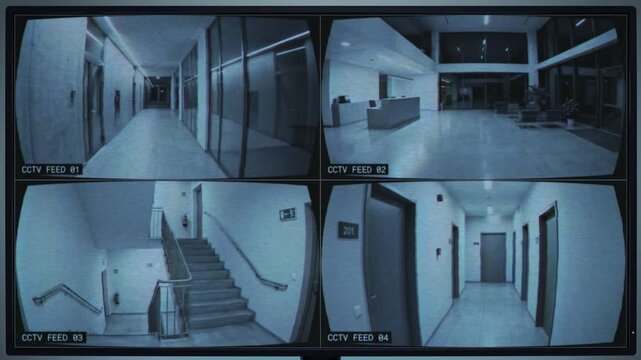 オフィスビルの階段、廊下、エントランスを映す4台の監視カメラ映像