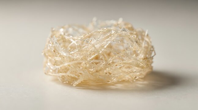 Close up of gelatinous substance with fibrous texture on a plain background.