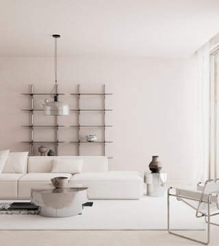 Luxury modern living room with white sofa, marble furniture and spacious neutral apartment interior. 3D illustration