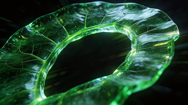 Translucent green crystal ring with leaf vein texture and deep dark background