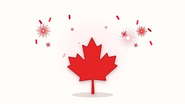 Canada Day Celebration Animation Video with Red Maple Leaf and Fireworks Rockets on White Background for National Holiday Design
