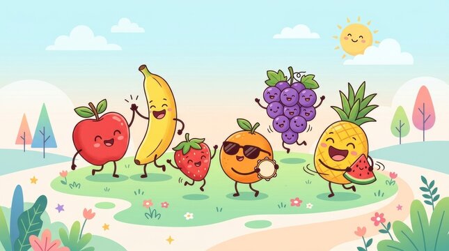 A cheerful group of fruits, including apples, bananas, strawberries, oranges, and pineapples,