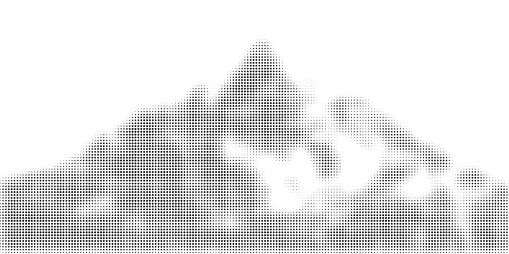 Black halftone mountain range. Grunge textured landscape terrain silhouette. Long grainy hills chain wallpaper. Grungy dotted mountain peaks background. Vector rock terrain illustration
