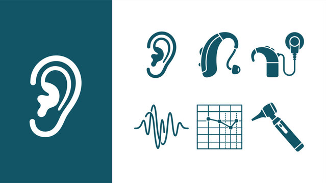 Audiology and hearing aid icon set with ear, sound wave, audiogram, and otoscope symbols. Vector EPS AI.
