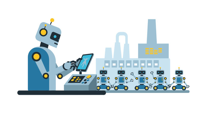 Industrial Robot Supervising Automated Manufacturing Line in Smart Factory Flat Vector Illustration