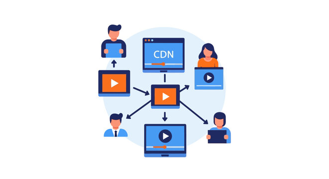 CDN Content Delivery Network Flat Vector Illustration for Video Distribution and Global Data Streaming Technology