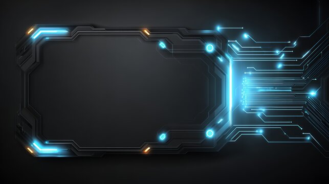 Futuristic dark technology frame background with glowing blue circuit board traces and empty space for digital innovation text.