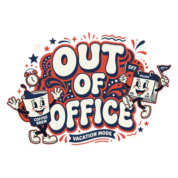 Out of office vacation mode retro cartoon characters with rubber hose t shirt time off work life balance daily routine vacation calendar characters illustration