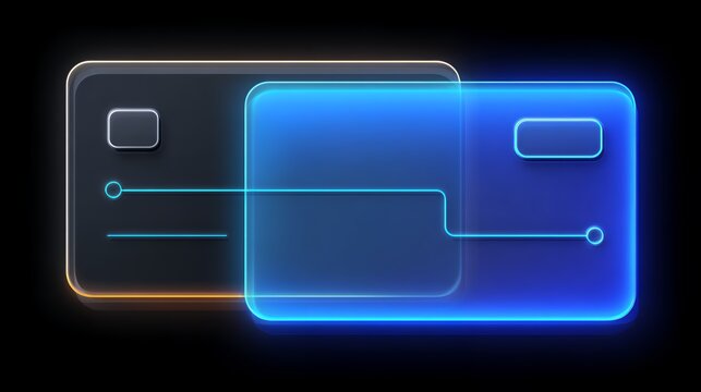 Abstract 3D neon glowing digital credit card concept with connecting lines and transparent glass layers on a black background.