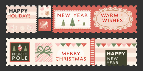 Obraz premium Vintage Christmas Stamps Collection Red And Green Vector Illustration