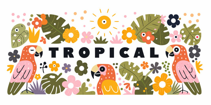 Tropical Floral Ornament With Parrots And Sun Vector Illustration