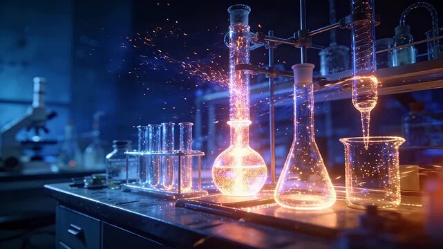 Science laboratory glassware with flasks and glowing particles in cold blue and warm lighting