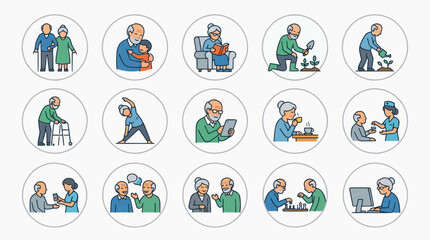 Fototapeta premium Vibrant Icon Set Showcasing Diverse Activities and Healthy Lifestyles for Seniors, Including Daily Routines, Hobbies, Socializing, and Elder Care