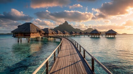 Obraz premium Scenic view of overwater bungalows at sunset in tropical paradise