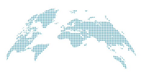 World map with blue and green gradient halftone dots. A global world map created from a blue and green gradient halftone dot pattern, forming a clean and modern geographic silhouette. © Arya