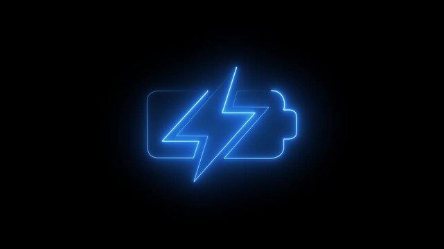 Glowing neon blue color battery icon animation with blinking bolt on black background. Battery charge level, power energy, electricity icon.