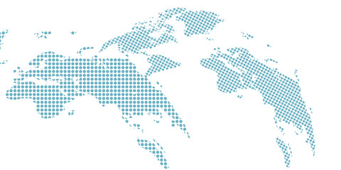 World map with blue and green gradient halftone dots. A global world map created from a blue and green gradient halftone dot pattern, forming a clean and modern geographic silhouette. © Arya