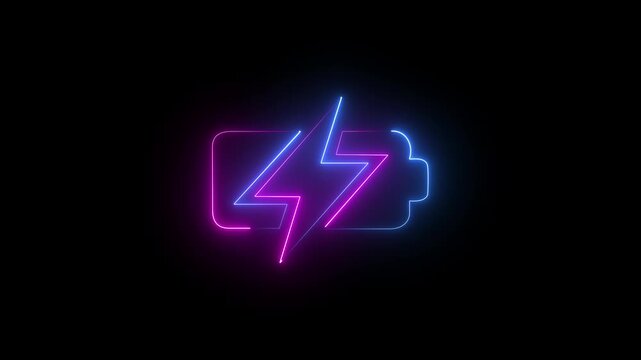 Glowing neon blue  and pink color battery icon animation with blinking bolt on black background. Battery charge level, power energy, electricity icon.