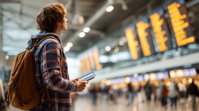 Traveler at modern airport terminal checking flight information screens