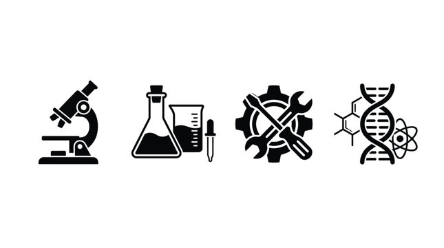 Science Icons Set Microscope Flask Tools And Dna Molecule Vector