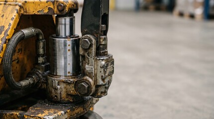 Fototapeta premium Creative Industrial hydraulic cylinder, heavy machinery component, metal equipment part, industrial background 2k