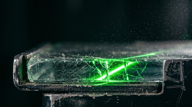 Creative Cracked glass, green neon light, broken transparent rectangle, illuminated fractured pane 2k