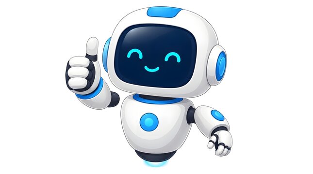 Friendly robot character displaying a thumbs up gesture with a smiling screen, representing artificial intelligence and innovative digital assistant technology solutions.