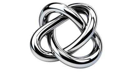 Fototapeta premium Chrome metallic intertwined knot structure creating an abstract endless loop, reflecting light on a clean white background, a sleek 3D rendered graphic element.