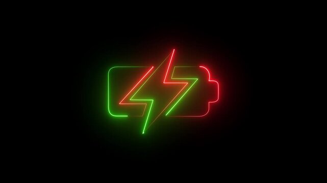 Glowing neon  green and redcolor battery icon animation with blinking bolt on black background. Battery charge level, power energy, electricity icon.