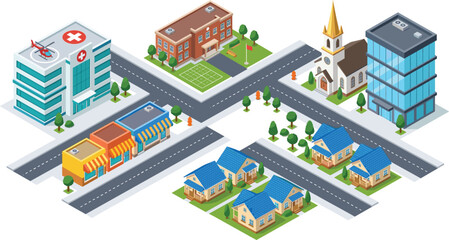 Isometric City Map Vector Illustration with Hospital School Church Office Building Residential Houses Shops Streets and Urban Infrastructure Elements © ArjunaAkter