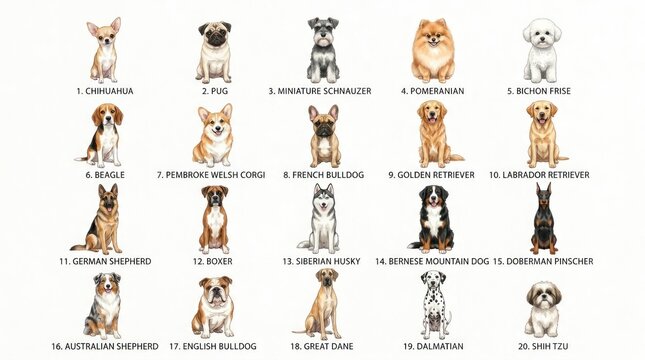 A lineup of various dog breeds displayed in a grid format. Each dog is distinct in appearance, showcasing a diverse range of canine types.