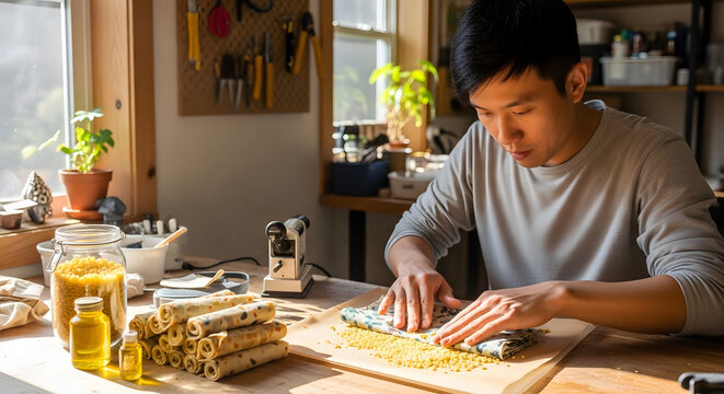 man making beeswax wraps at home workshop