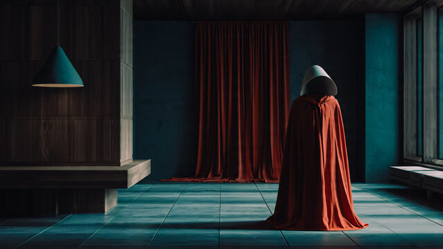 Sc&egrave;ne avec femme portant une cape dans salle ancienne