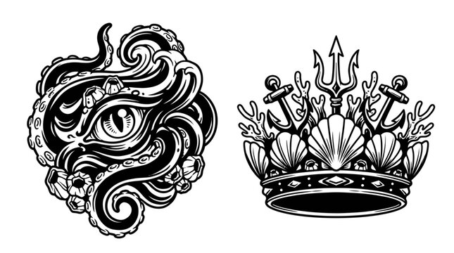 Octopus Eye Crown Nautical Clipart Vector Illustration