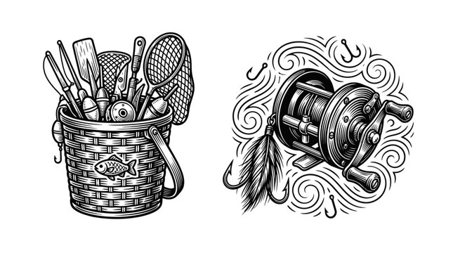 Fishing Gear Basket and Reel Illustration