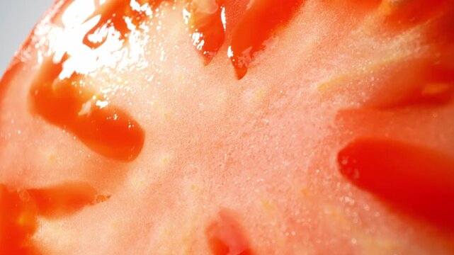 Vivid close-up of tomato fruit showcasing its juicy structure, bright red hues, and refreshing appearance. Ideal for cooking blogs, food packaging, restaurant menus, and agricultural content. 4k.
