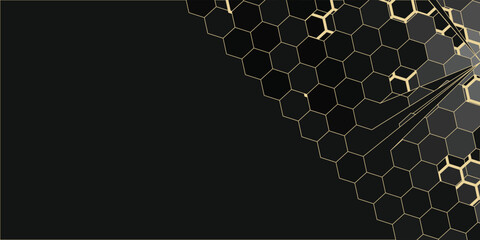 Modern geometric luxury black background for business or presentation or greeting card with golden honeycombs or hexagons. © elliyatun
