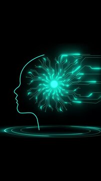Human head silhouette with teal digital brain circuitry. Human head for AI technology and innovation. Human head animation for futuristic cyber mind.