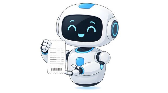 Friendly white and blue robot assistant holding and presenting a digital receipt or invoice for financial management and online payment services illustration.