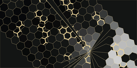 Modern geometric luxury black background for business or presentation or greeting card with golden honeycombs or hexagons. © elliyatun