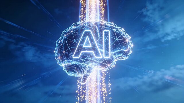 Digital brain model constructed from glowing lines and nodes with AI text on deep blue background