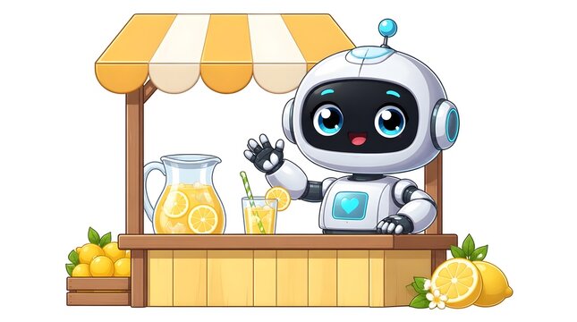 Robot operating a cheerful lemonade stand, offering refreshing lemon drinks with a pitcher, glass, and fresh fruit, happily waving, isolated vector on white.
