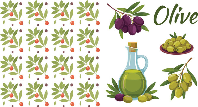 Fresh Green and Black Olive Vector Set with Glass Bottle of Virgin Oil Seamless Pattern and Foliage Elements for Mediterranean Culinary Product Packaging Designs