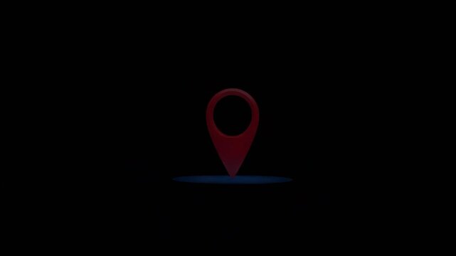 Location pin icon animation with glowing blue light circle isolated on black background for digital map navigation video project