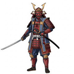 Obraz premium Japanese samurai warrior in full armor wearing traditional oni mask holding katana
